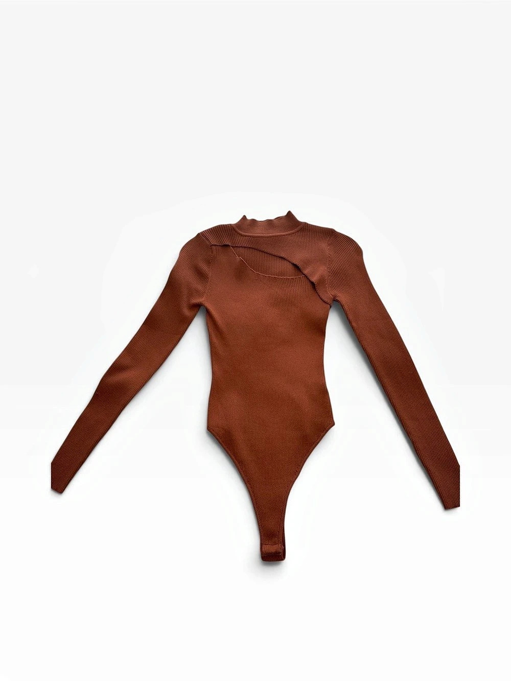 Lulus Wilde Dark Brown Ribbed Long Sleeve Mock Neck cutt-out Bodysuit